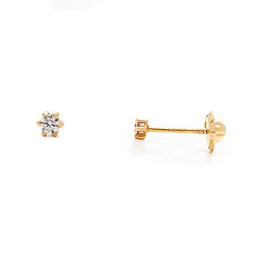 Modelo Baby - Pendientes oro blanco 9K, oro amarillo, circonita con garras en estrella, 3mm y cierre de rosca. Fabricados en España.