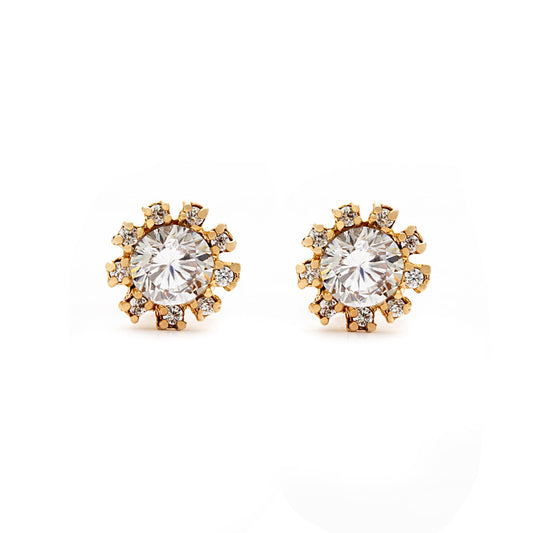 Modelo Maya - Pendientes oro blanco 9K, oro amarillo, cuajado de circonita, 7mm y cierre a presión. Fabricados en España.